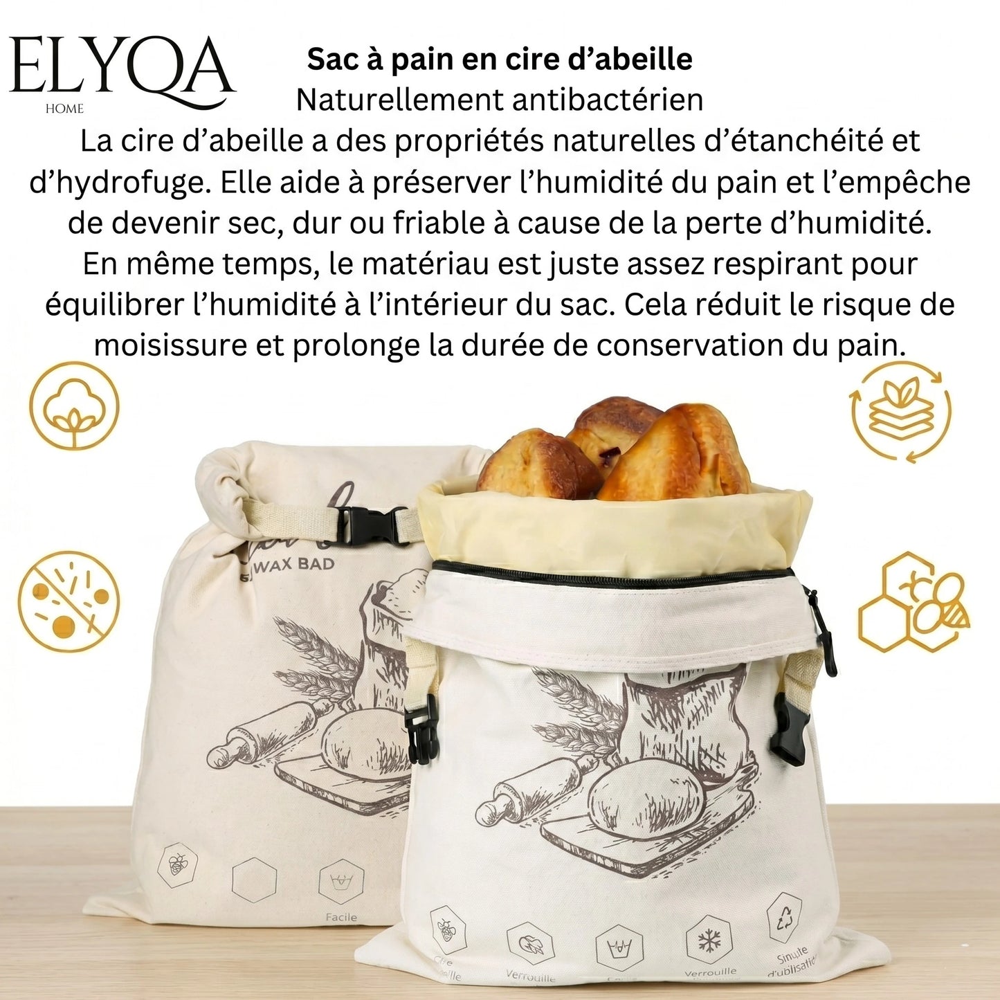 Sac à pain bio en cire d'abeille – 100 % coton et cire d'abeille