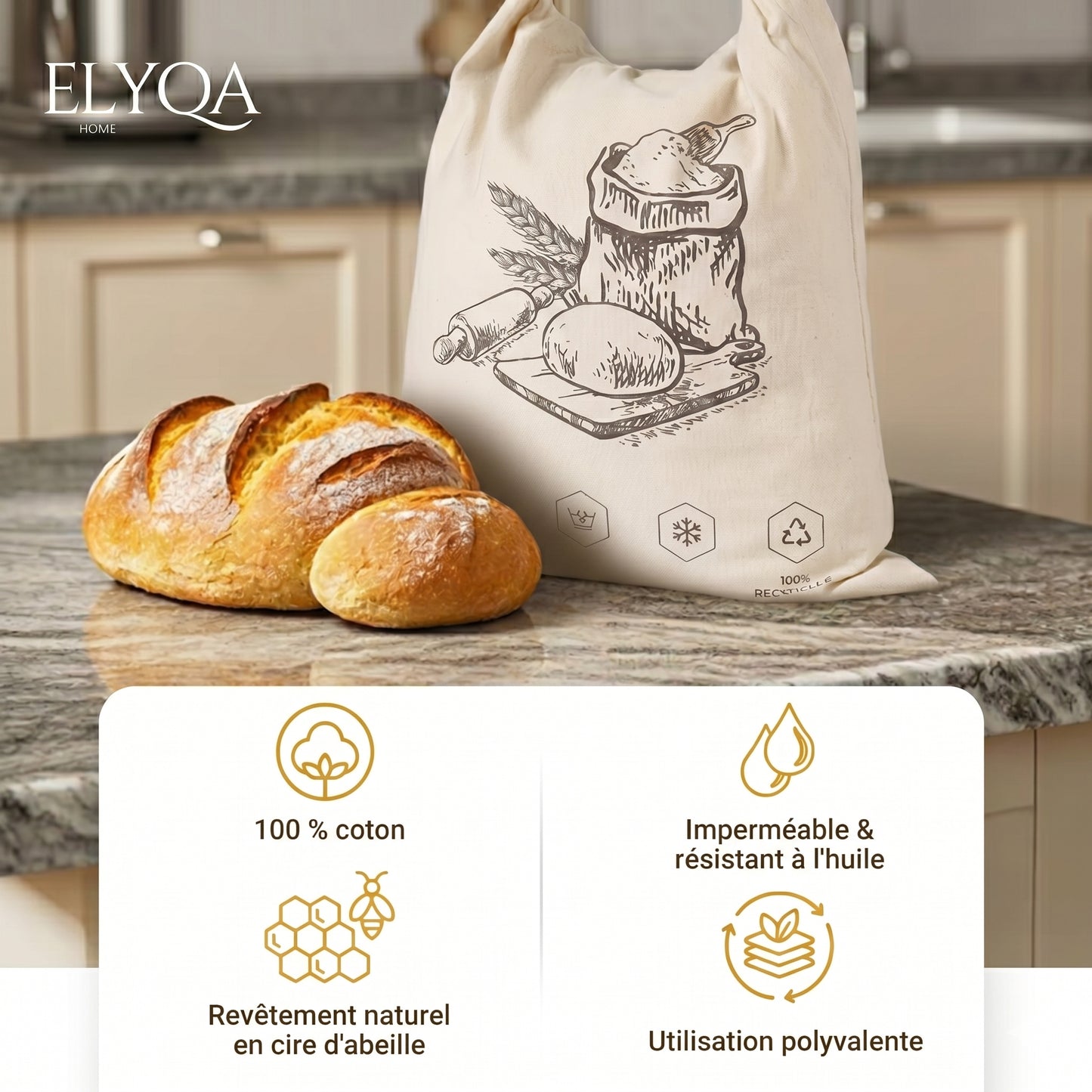 Sac à pain bio en cire d'abeille – 100 % coton et cire d'abeille