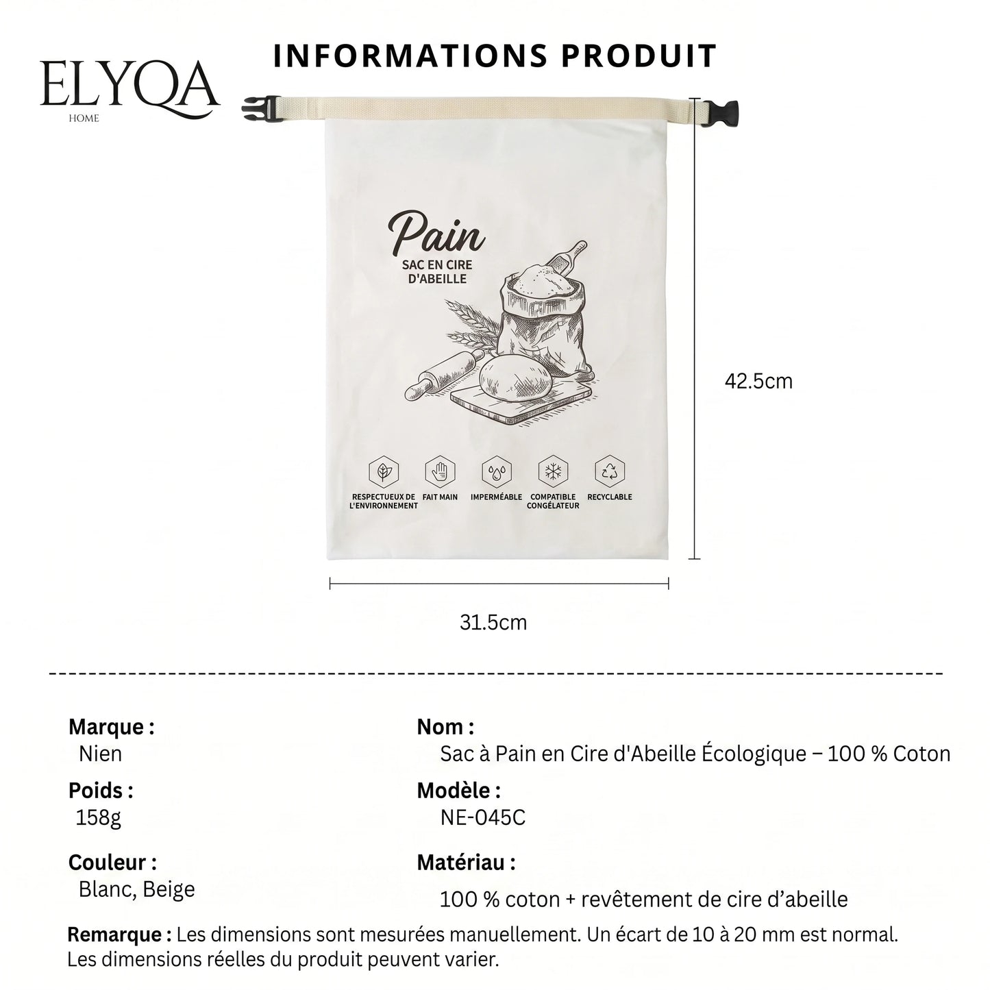 Sac à pain bio en cire d'abeille – 100 % coton et cire d'abeille